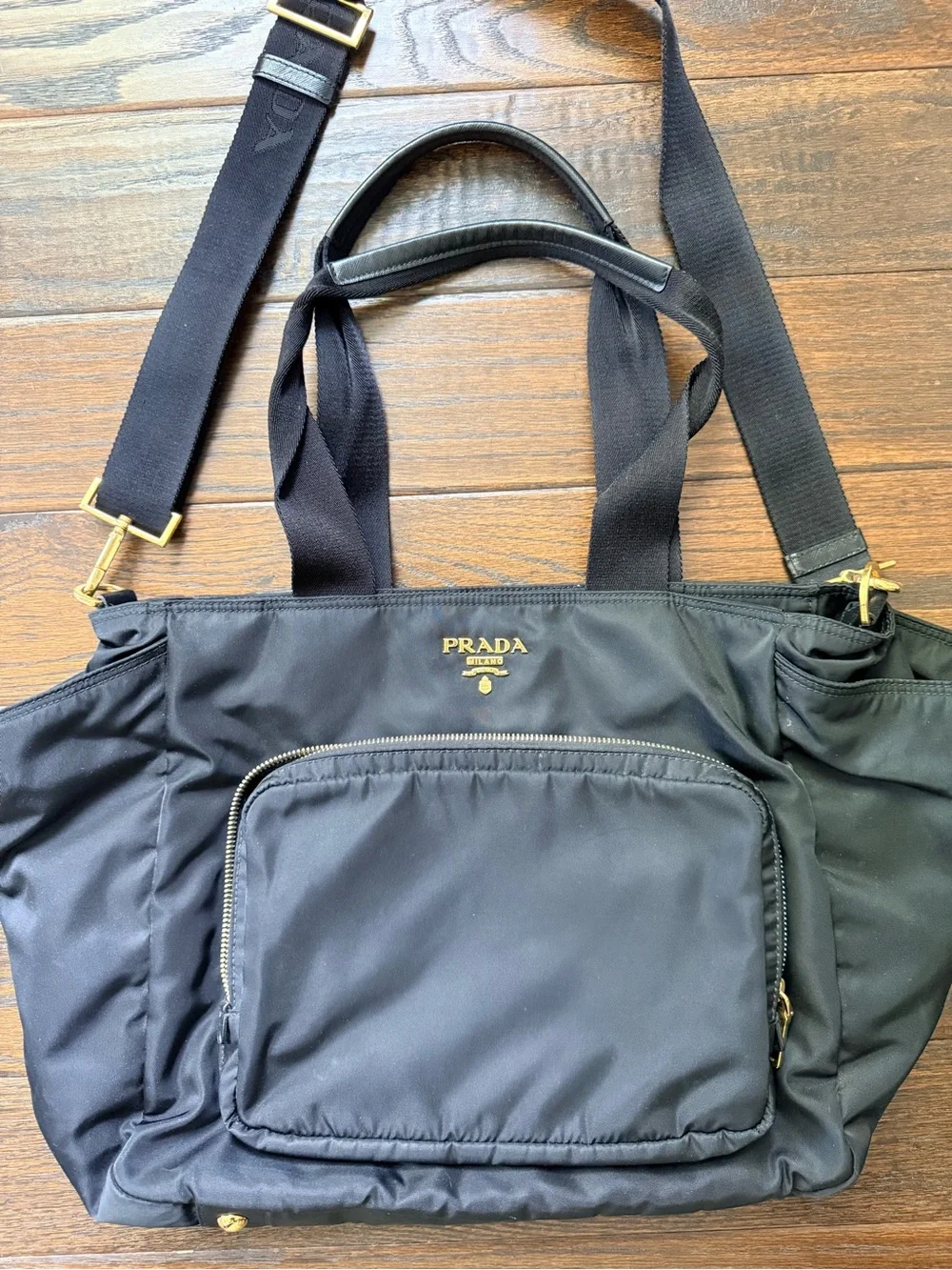 Prada Black Nylon Baby Bag with Gold Logo and Strap